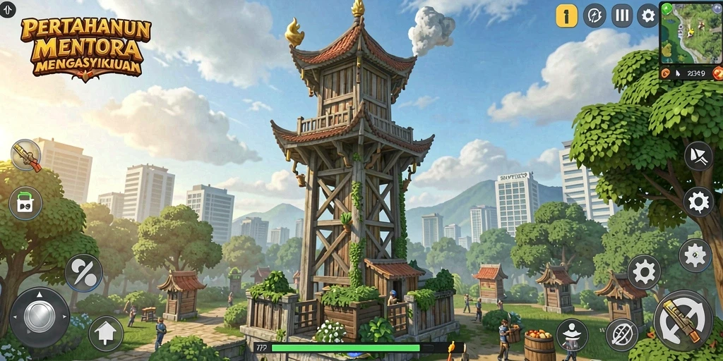 Tangkapan layar utama menunjukkan pertarungan seru di game Tower Defense.
