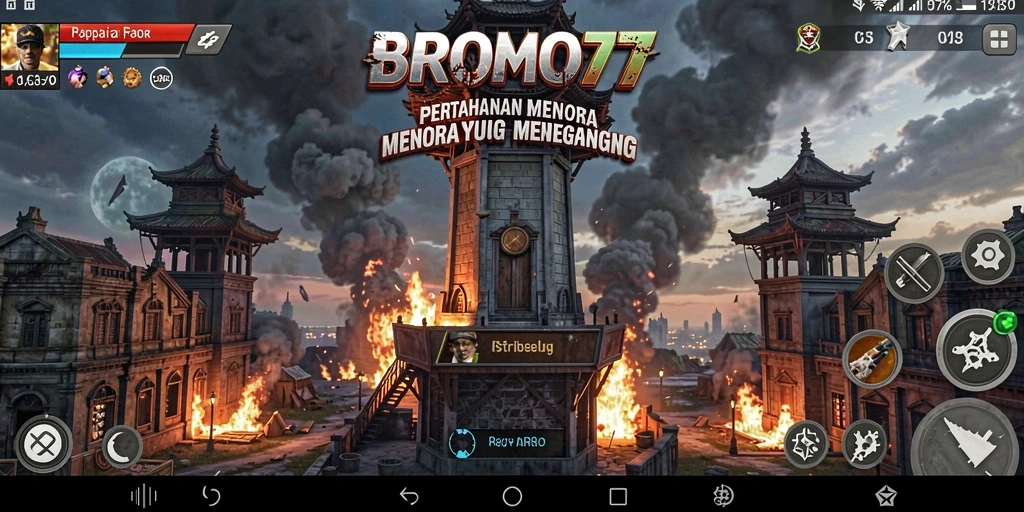 Tangkapan layar gameplay dari BROMO77 menunjukkan aksi menegangkan di Tower Defense.