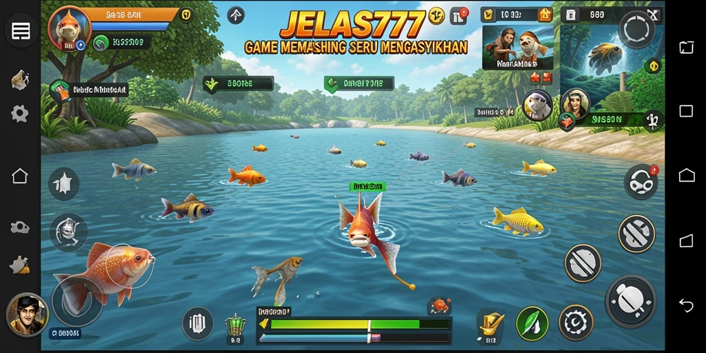 Screenshot utama JELAS777 menunjukkan pemain yang sedang memancing di lokasi indah.