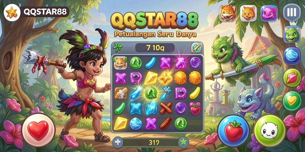 Screenshot gameplay QQSTAR88 menampilkan keseruan mencocokkan elemen dalam level yang penuh warna.